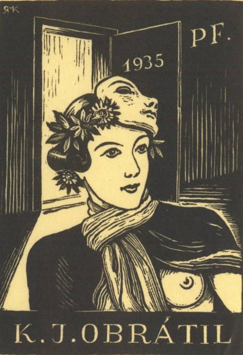 Novoročenka pro Karla Jaroslava Obrátila, dřevoryt; autor: Ruda Kubíček, 1935.