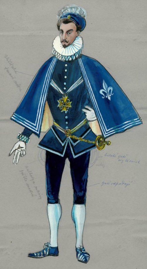 Návrh divadelního kostýmu pro postavu Aubespina z inscenace Marie Stuartovna ve Slováckém divadle; autor: Miloš Souček, 1966.